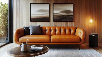 Elegant interior design featuring a cozy orange sofa and modern artwork in a bright living room photo