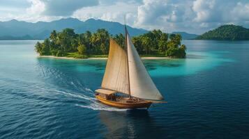 Elegant sailboat navigating through tranquil waters with lush mountains in the background photo