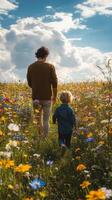 Father and child exploring a vibrant flower field on a sunny day photo