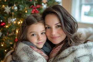 Mother and daughter cuddle together in cozy blankets by the Christmas tree photo