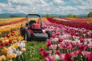 Lawn mower navigating vibrant tulip fields on a sunny day in springtime photo