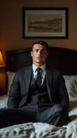 Confident man in a suit sitting on a bed in a dimly lit hotel room during evening hours photo
