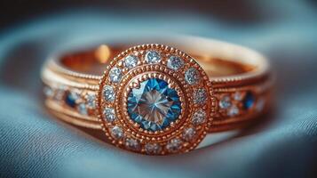 Elegant gold wedding rings with blue gemstones on a textured fabric background photo