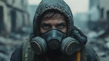 Survivor in a devastated urban landscape wearing a gas mask during a post-apocalyptic scenario photo