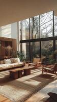 Cozy and Stylish Living Room with Abundant Natural Light and Greenery photo