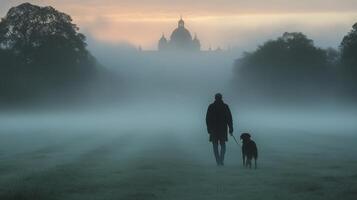 Walking a dog in a foggy field during early morning hours photo