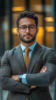 Confident businessman poses outdoors in formal attire with arms crossed in urban setting photo