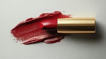 Bright red lipstick swatched on smooth surface showcasing elegant packaging and rich color photo