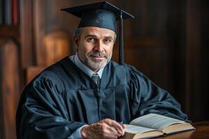 Graduate in cap and gown studying at a scholarly setting with books surrounding photo