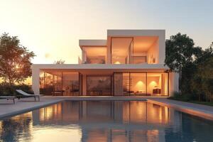 Modern house with large windows and a pool in a serene backyard setting photo