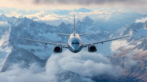 avión volador terminado majestuoso nevadas montañas debajo un nublado cielo durante tiempo de día foto
