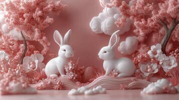 Bunnies surrounded by flowers and clouds in a springtime pastel setting photo