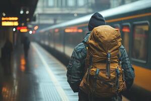 Traveler waiting at train station during cloudy day with backpack and hooded jacket photo