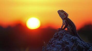 Bearded dragon basking on a rock during a vibrant sunset in the wild photo