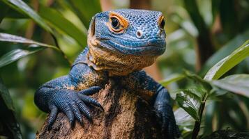 Lizard resting amidst lush green foliage in a tropical environment during daylight hours photo