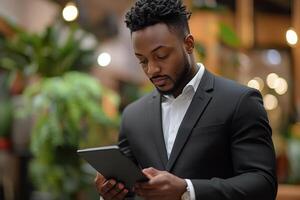 Business professional analyzing data on tablet in modern retail setting filled with greenery photo