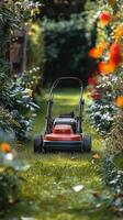 Lawn mower preparing for yard work in lush greenery during daylight photo