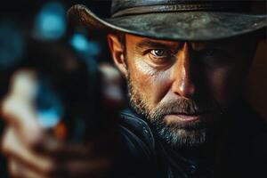 Intense confrontation with a determined figure holding a revolver in the forested area photo