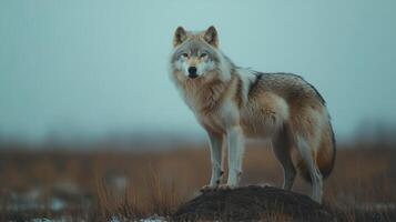 Wolf standing on a rock during a cool evening in a snowy landscape photo