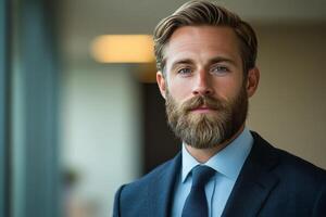 Close-up of a well-groomed man in a suit contemplating by the window during the afternoon photo