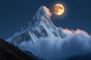 Majestic Mount Fuji under a bright full moon with clouds in the night sky photo