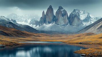 Majestic mountain landscape reflected in calm lake under a clear blue sky with fluffy clouds photo