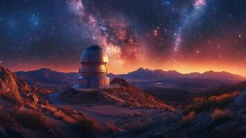 Observatory on mountain peak at twilight with starry sky in the background photo