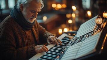 Musician plays keyboard in a cozy, candlelit setting during the evening photo