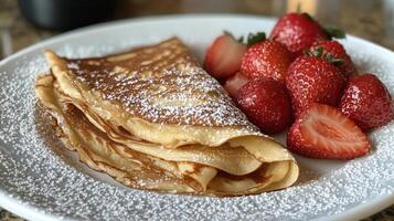 Delicious pancakes with strawberries and powdered sugar served on a rustic wooden table photo