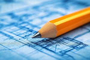 Close-up of orange pencil highlighting architectural blueprint in a creative workspace photo