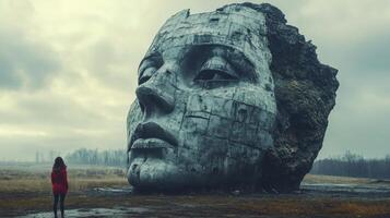 Towering stone face looms over a lone figure at the edge of a misty beach landscape photo