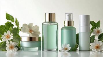 Collection of blue skincare products and ingredients arranged neatly on a white background photo