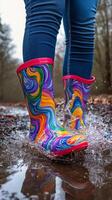 Colorful boots making splashes in puddles during a rainy day photo