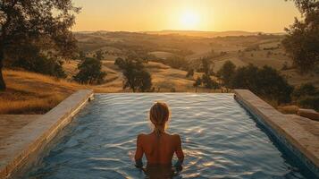 Relaxing by the infinity pool overlooking rolling hills at sunset photo