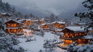 Snow-covered village nestled in mountains during dusk with twinkling lights and serene atmosphere photo