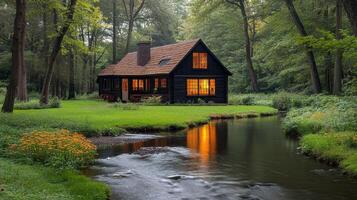 Cozy black cabin by serene stream surrounded by lush forest in early evening light photo