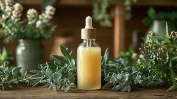 Natural oil dropper bottle surrounded by fresh herbs in a tranquil setting photo
