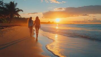 Sunset stroll along the beach with a horse and rider enjoying the serene ocean view photo