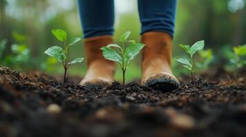 Gardener tending to young plants in fertile soil surrounded by lush greenery in sunny weather photo