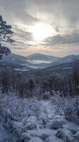Scenic winter landscape with snow-covered mountains and trees under a cloudy sky photo