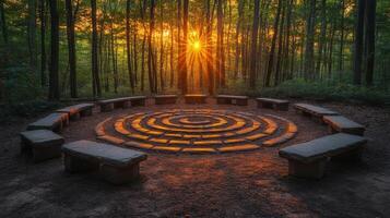 Serene stone labyrinth at sunset surrounded by trees in a tranquil forest setting photo