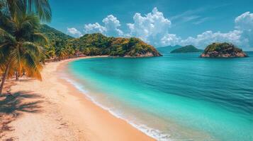 Tranquil beach with clear waters and lush greenery on a sunny day in a tropical paradise photo