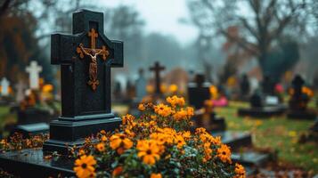 Bright yellow flowers bloom in a serene cemetery at sunset in autumn photo