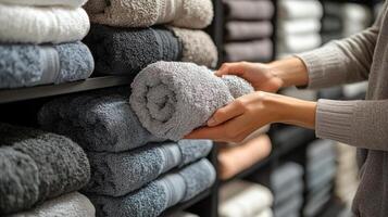 Soft blue towels stacked in hands ready for use in a spa or wellness center setting photo