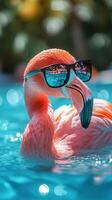 Flamingo with sunglasses enjoying a sunny day in a vibrant swimming pool photo