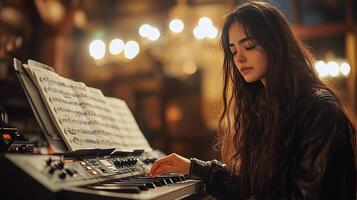 Musician plays keyboard in a cozy, candlelit setting during the evening photo