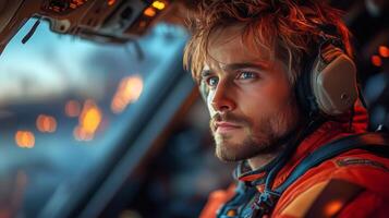Focused astronaut in orange suit prepares for a space mission at dawn with cabin lights shining photo