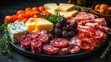 Charcuterie platter featuring various cheeses, meats, and herbs arranged on a rustic serving board photo