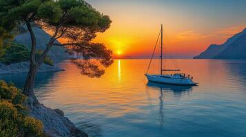 Sailboat anchored in calm waters during a vibrant sunset by rocky coastline photo
