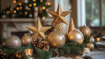 Shimmering holiday decorations with sparkling ornaments and lights creating a festive atmosphere photo